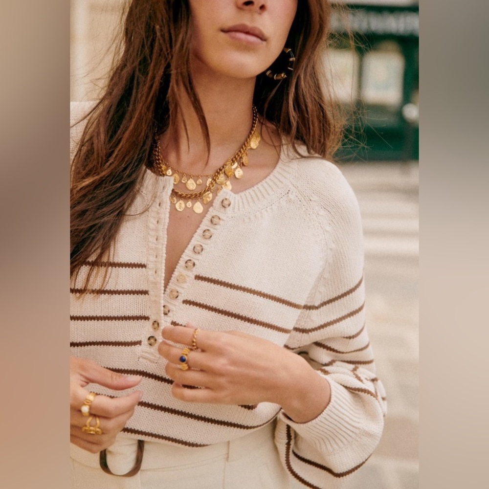 Sezane Leontine Jumper | Camel Ecru Stripe | Size M